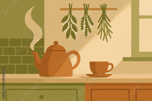 Icon text tea cozy sand morning steaming vector above kitchen green hanging
