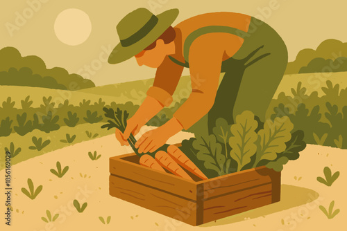 Palette farmer icon sand organic vegetables greens text person vector harvesting bending