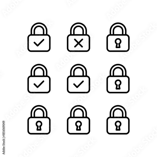 Set of nine different lock icons with security status symbols