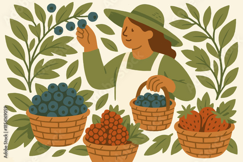 Berry woven numbers harvest handmade vector flat scene style warm icon raspberries