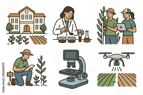 Vector agricultural lab microscope samples icon field crops insights research white digital