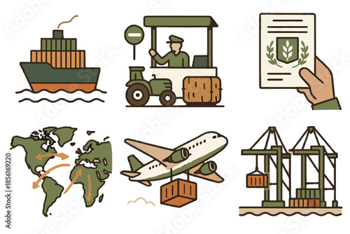 Checkpoint port perspective cargo agricultural containers global icon trade certificates vector text