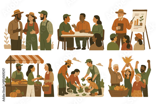 Cooperative clean icon market community family session rural farmers vector life group