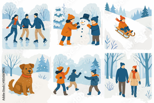 White walk grid skating snowman snowball icon dog winter vector text sledding