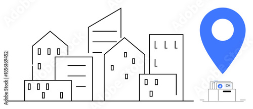 Job search concept. Urban skyline with buildings and a location pin career opportunities. Job search tools enhancing employment potential. Useful for HR, career platforms, business solutions, city