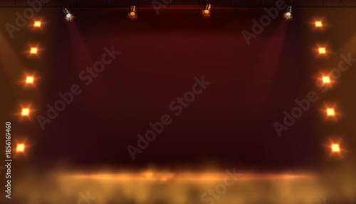 Vector illustration. Stage, concert hall with spotlight, projectors and smoke around.