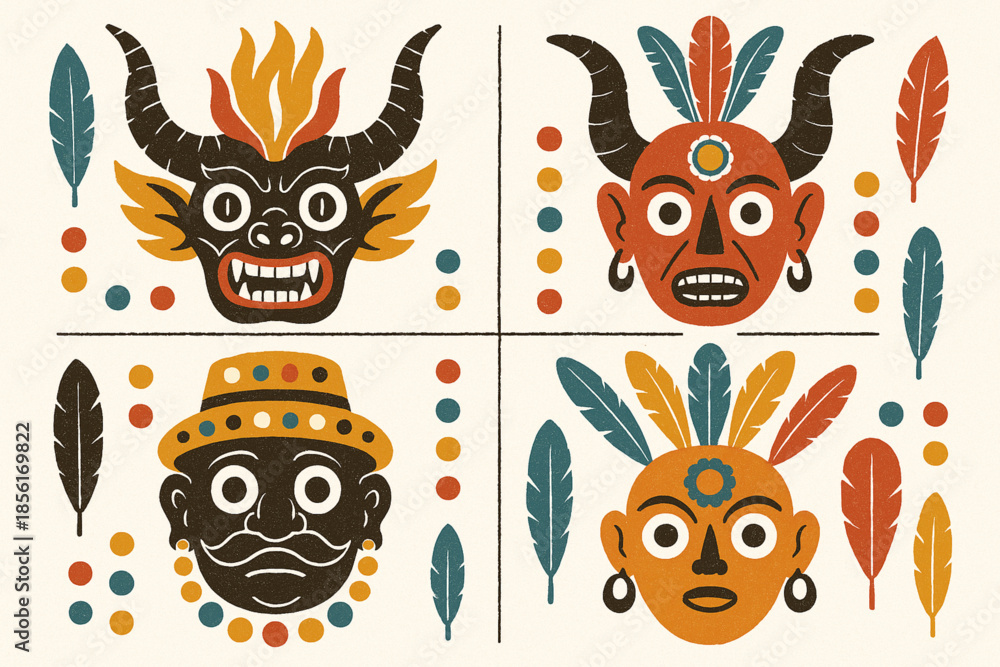 Fototapeta premium Bolivian folkloric mask flat icon set with traditional dance masks on white background