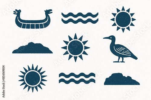 Lake Titicaca flat icon set with Andean symbols and traditional boats on white background
