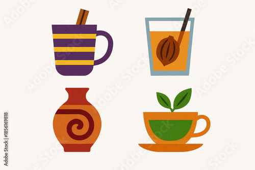 Bolivian drinks flat icon set with traditional beverages on white background