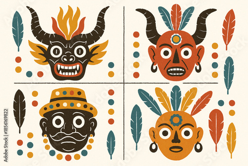 Bolivian folkloric mask flat icon set with traditional dance masks on white background