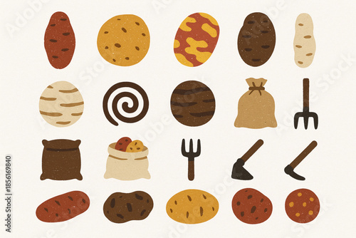 Bolivian potato diversity flat icon set with native crops and farming symbols on white background