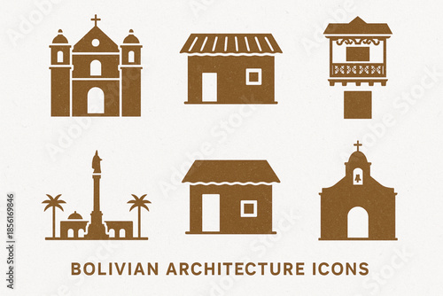 Bolivian architecture flat icon set with colonial and traditional buildings on white background