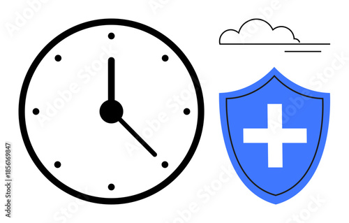 Time management, healthcare services, punctuality, safety, medical security, efficiency. A clock and a shield with a plus sign beside a cloud. Time management and healthcare services concept