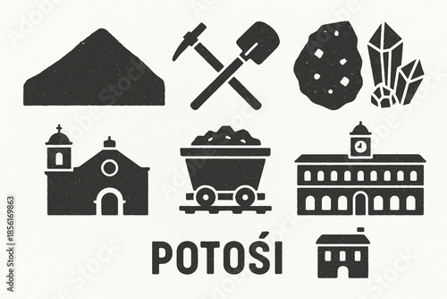 Potosí mining flat icon set with Cerro Rico and historical symbols on white background