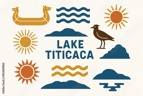 Lake Titicaca flat icon set with Andean symbols and traditional boats on white background