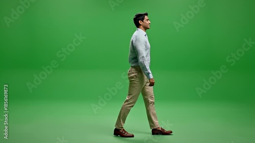 Man Walking in Studio with Green Screen.
