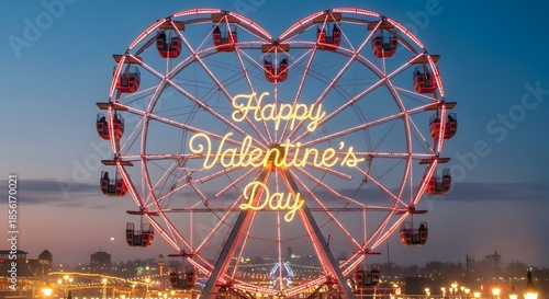 Heart shaped ferris wheel illuminated with glowing neon sign wishing happy valentine's day against a twilight sky backdrop at an amusement park