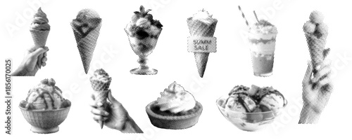 Halftone ice cream art collection. Vector illustration in transparent PNG background.