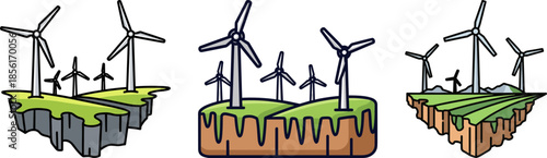 Wind turbines on floating land showcasing renewable energy and sustainable development with a transparent background