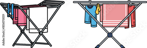 Laundry drying rack with colorful clothes and towels hanging, indoor setting on a transparent background