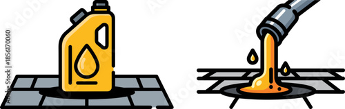 Yellow oil container pouring liquid waste onto pavement with transparent background