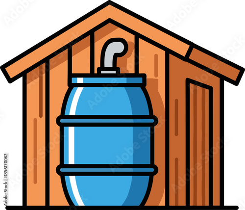 Blue rainwater barrel next to wooden shed for eco-friendly gardening sustainable water collection transparent background