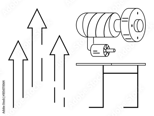 Growth, industry, technology, progress, engineering, development. Three arrows pointing upward alongside an industrial mechanical device. Growth and industry concepts illustrated with technical