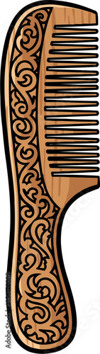 Intricately designed wooden comb with elegant patterns on a transparent background