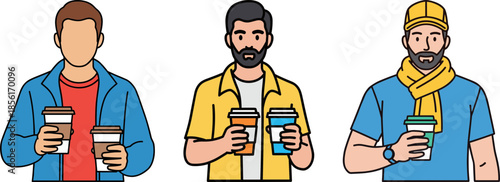 Three men holding coffee cups in casual attire on a transparent background