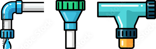 Colorful plumbing fittings and hoses for water delivery on a transparent background