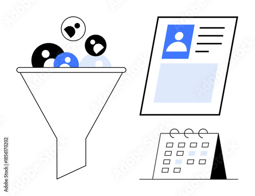 Recruitment process. Recruitment funnel filtering candidates, profile review, and calendar for interview scheduling. Recruitment focusing on efficient candidate selection. For HR, recruitment tools