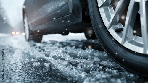 Car tire driving on an icy winter road with snow and slush showing dangerous weather conditions road safety and seasonal driving risk