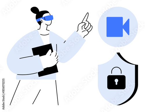 Online privacy, cybersecurity, data protection, virtual reality, media streaming, user authentication. Person using VR glasses points at icons of communication and security. Cybersecurity and data
