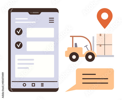 Mobile app screen with checklist, forklift carrying stacked boxes, GPS pin, and chat bubble. Ideal for delivery, inventory, warehouse, shipping tracking supply chain efficiency. Simple flat
