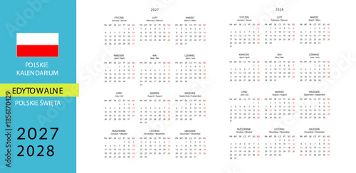 kalendarium polskie edytowalne 2027 2028 rok POLSKA polskie święta, edytowalny font skrócony kalendarz