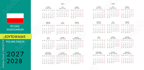 kalendarium polskie edytowalne 2027 2028 rok POLSKA polskie święta, edytowalny font skrócony kalendarz