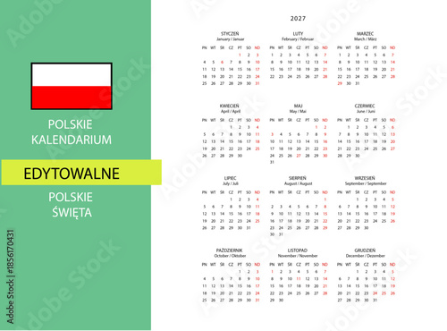 kalendarium polskie edytowalne 2027 2028 rok POLSKA polskie święta, edytowalny font skrócony kalendarz
