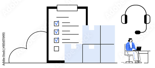 Logistics concept. Logistics with package boxes, cloud storage, a checklist, and a customer support worker. Logistics simplifies supply chain, improves delivery, and enhances communication. Ideal