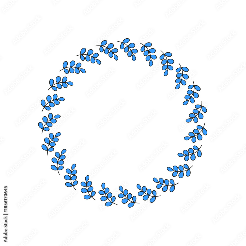 Obraz premium Cute round wreath with doodle blue leafy twigs isolated on white background.