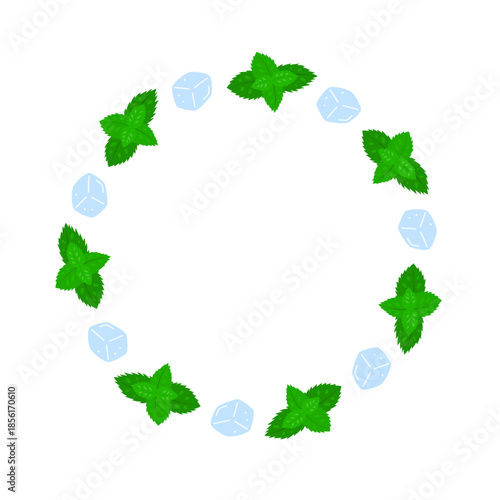 Round frame with mint leaves and ice cubes. Summer wreath with fresh ingredients and empty space for text.