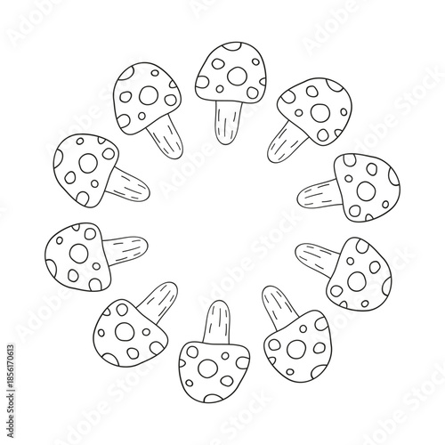 Cute round frame with hand drawn outline fly agaric amanita mushrooms isolated on white background. Autumn circle composition.