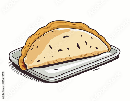 Detailed Woodcut Illustration of a Savory Empanada Pastry on White Backdrop
