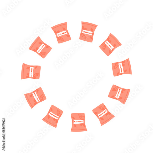 Round frame with collagen powder in wrapper isolated on white background. Wreath with anti age supplements and empty space for text.