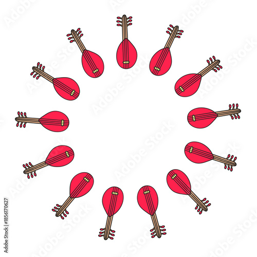 Cute round frame with Turkish baglama guitar isolated on white background.
