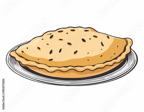 Detailed Woodcut Illustration of a Savory Empanada Pastry on White Backdrop
