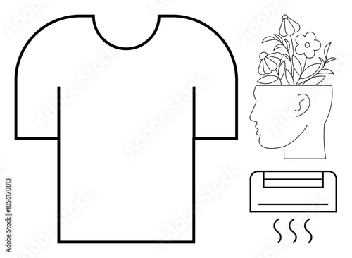 Large T-shirt beside profile head filled with flowers and plants, positioned above a steaming rectangular object. Ideal for creativity, mental wellness, fashion, sustainability, self-expression