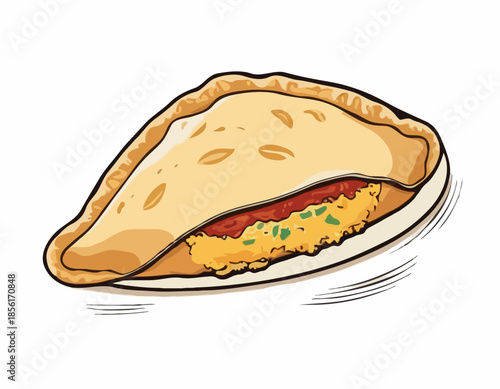 Detailed Woodcut Illustration of a Savory Empanada Pastry on White Backdrop

