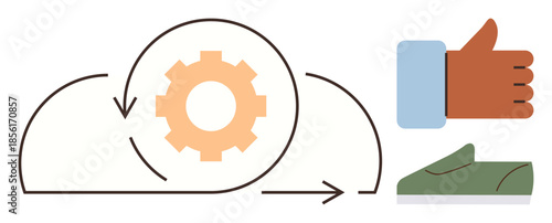 Cloud with gear inside, arrows showing movement, hand giving thumbs up, shoe. Ideal for technology, innovation, teamwork, progress efficiency collaboration strategy. Simple flat metaphor