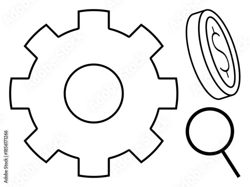 Gear symbolizing process, magnifying glass for analysis, dollar coin for finance. Ideal for business, strategy, economics, investment, efficiency problem-solving and innovation. Simple flat