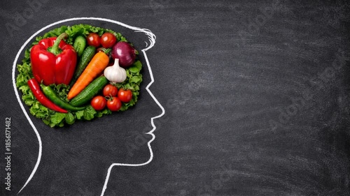 Silhouette of a male human head filled with vegetables. Healthy eating